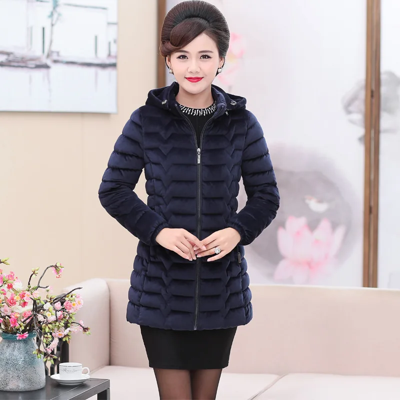 winter jacket women female mothers parka mid-length large size pure color hooded gold velvet cotton coat women