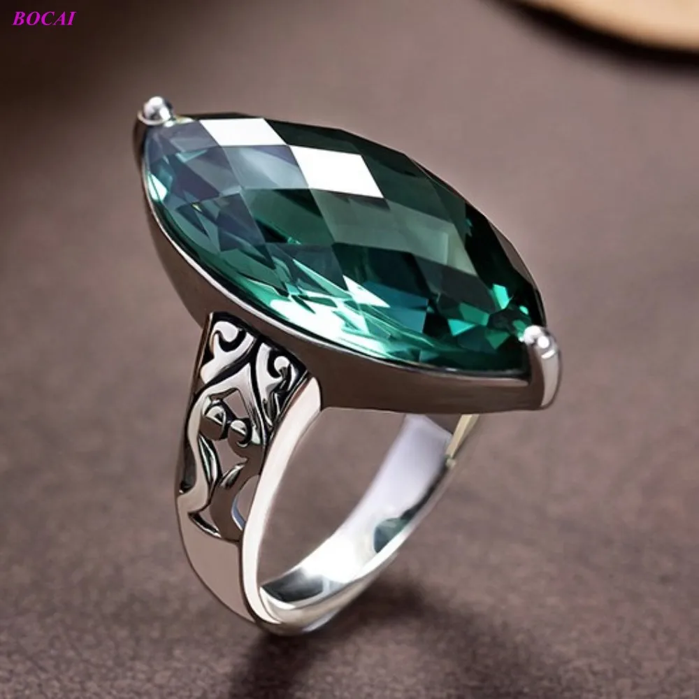 

BOCAI S925 sterling Silver rings Green crystal opening exaggerated personality retro simple elegant fashion Thai silver rings