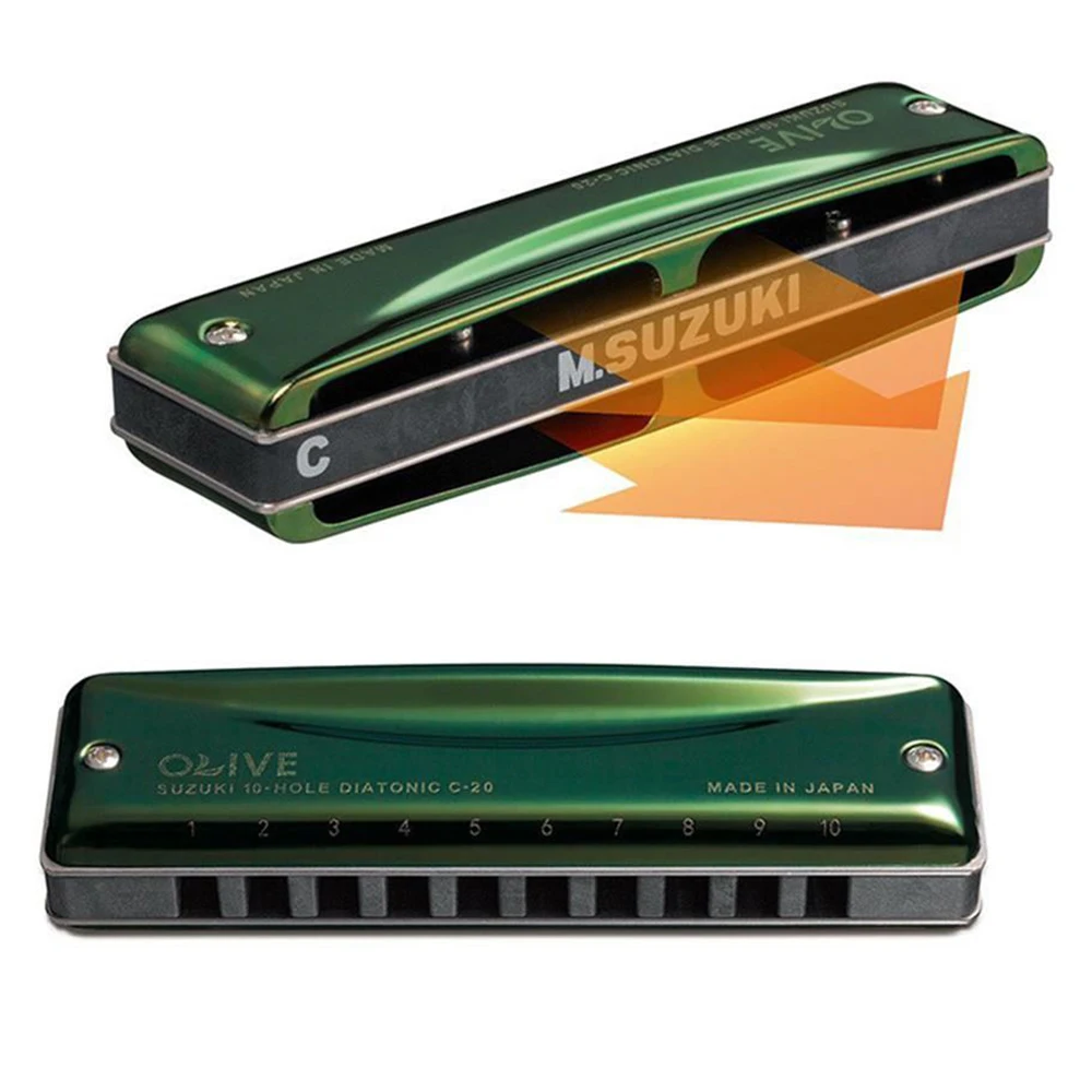 

SUZUKI1 10 Holes 20 Tones Diatonic Harmonica Key of C Blues Mouth Organ with Olive-Green Box Standard Performance Harmonica Gift