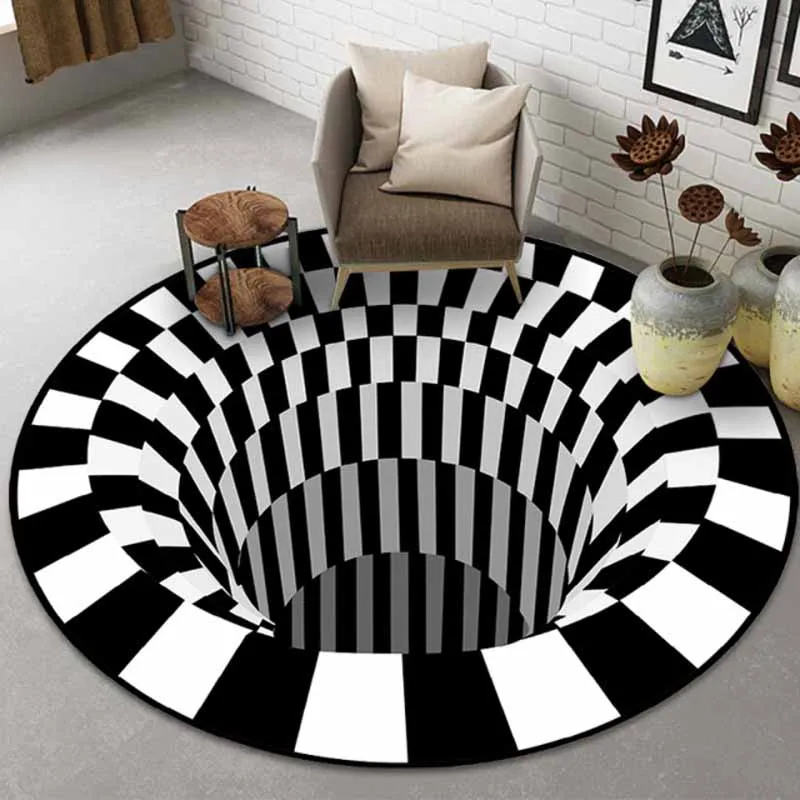 

Home Decor 3D Vortex Illusion Black White Carpet Areas Rug Floor Mat Abstract Geometric Optical Living Room Bedroom Halloween
