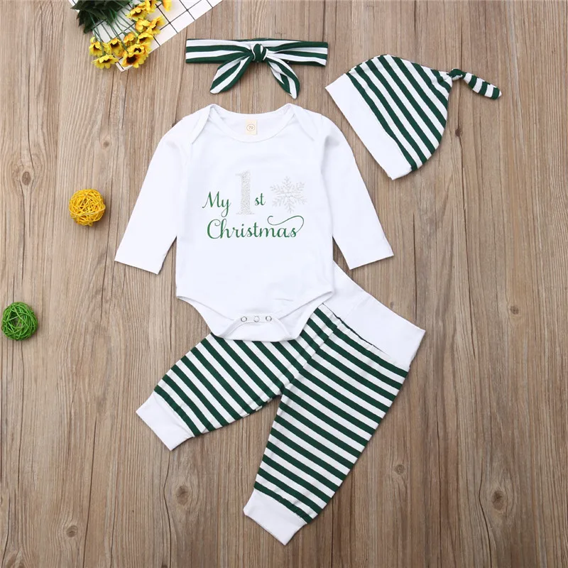 3pcs Newborn Clothing Set First Christmas Letter Bodysuit Baby Boys Rompers Striped Pants Hats Xmas Girls Infant Suit | Детская одежда
