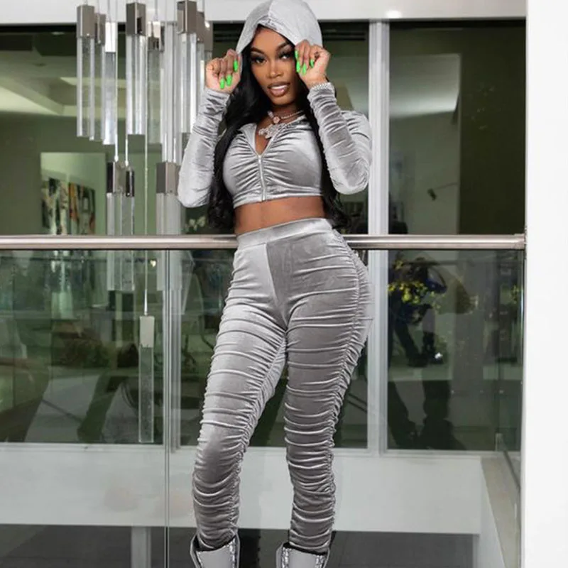 

Winter Velvet Tracksuit Women Two Piece Sets Hoodies Short Jacket Top Ruched Stacked Sweatpants Casual Sport Suit Chandals Mujer