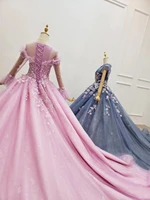 2020 new romantic lace appliques longue sleeves rose mariage robe off-the-shoulder long sleeves purple pink dress