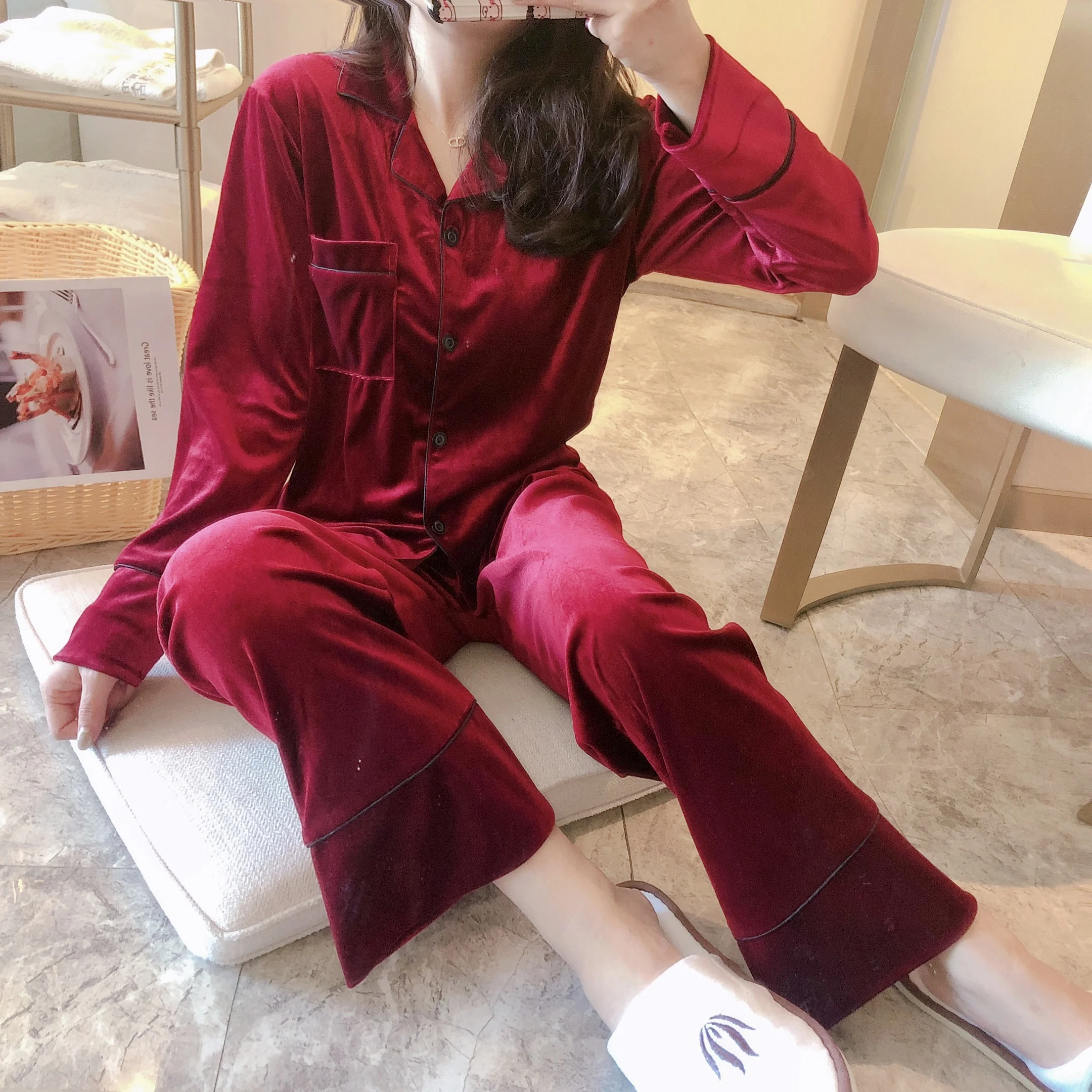 New Arrivals WAVMIT Winter Women's Flannel Long Sleeve Pajamas Set Loose Leisure Women Sleepwear Gold Velvet Pyjamas Outwear | Женская