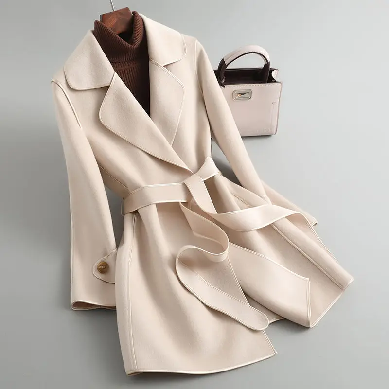 

Женское двухстороннее шерстяное пальто средней длины, новинка 2021, шерстяная куртка с поясом для осени и зимы, женская верхняя одежда
