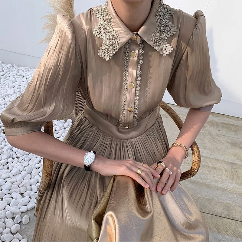 

Women Dress 2021 Summer Korean Chic Elegant Temperament Lapel Lace Stitching Single-Breasted Pleated Gloss Vestidos