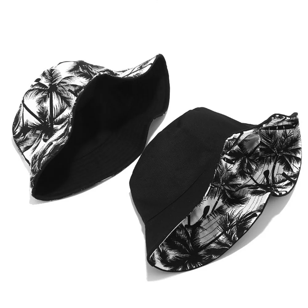 

New Unisex Cap Fashion Summer Reversible Black White Coconut Tree Printed Fisherman Caps Bucket Hats Outdoor Sunscreen Sun Hat