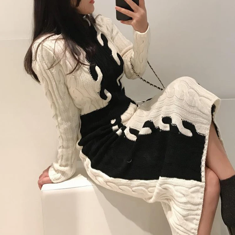 

Knitted Dress Women 2021 New Autumn Winter Dress Long O-Neck Long Sleeve Thicken Warm Fashion Casual Knitwear