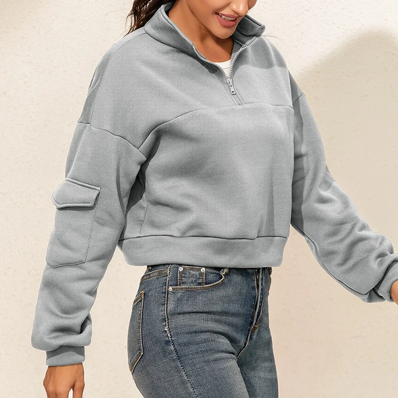 

Autumn Streetwear Japanese Women's Wild Pullover Sleeve Pocket Crop Tops