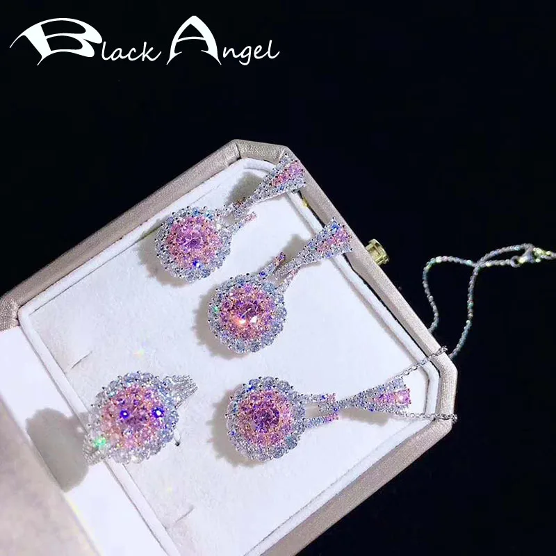 

BLACK ANGEL 925 Silver Pink Crystal Jewelry Sets for Women Inlaid Yellow Gemstone Necklace Exquisite Zircon Earrings Simple Ring