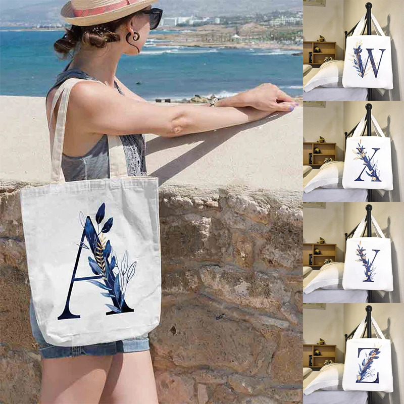 

Letter Flower Canvas Bag Storage Bag Blue Artistic Foldable Large Capacity Shopping Bag Quality Sundries Phone Book Shoulder Bag
