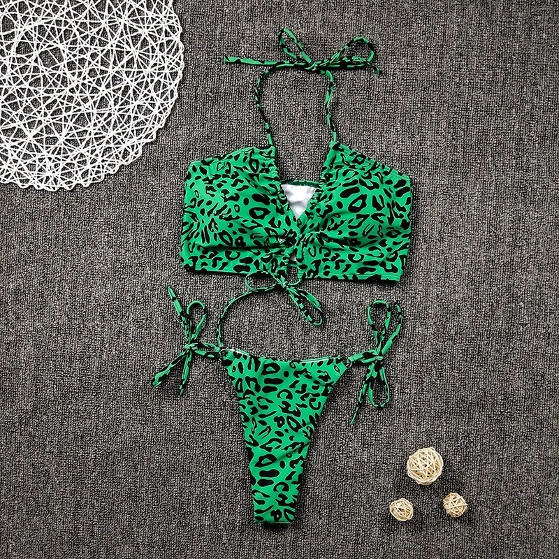 

2021 New Swimwear Swimsuit Female Split Triangle Lace Up Sexy Bikini 2 Piece Sets Wire Free Print Leopard Polyester