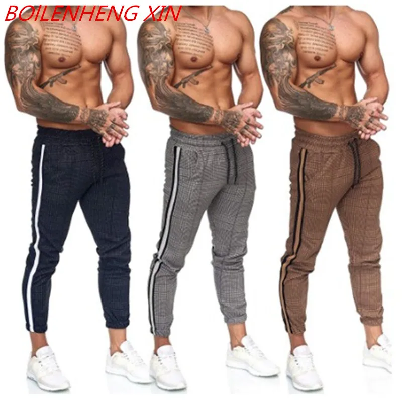 

Men's Casual Pants Men's Slim Sports Trousers Fashion Plaid Printed Muscle Fitness Trainin Bunch of Foot Striped Jogging Pants