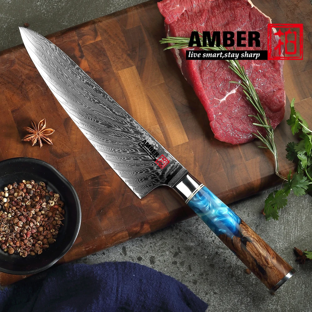 

Amber Kitchen Knife Chef Knives 8 inch Japanese Damascus VG10 Super Steel Core Sharp Ebony Handle Vegetable Chef's Cutter Tools