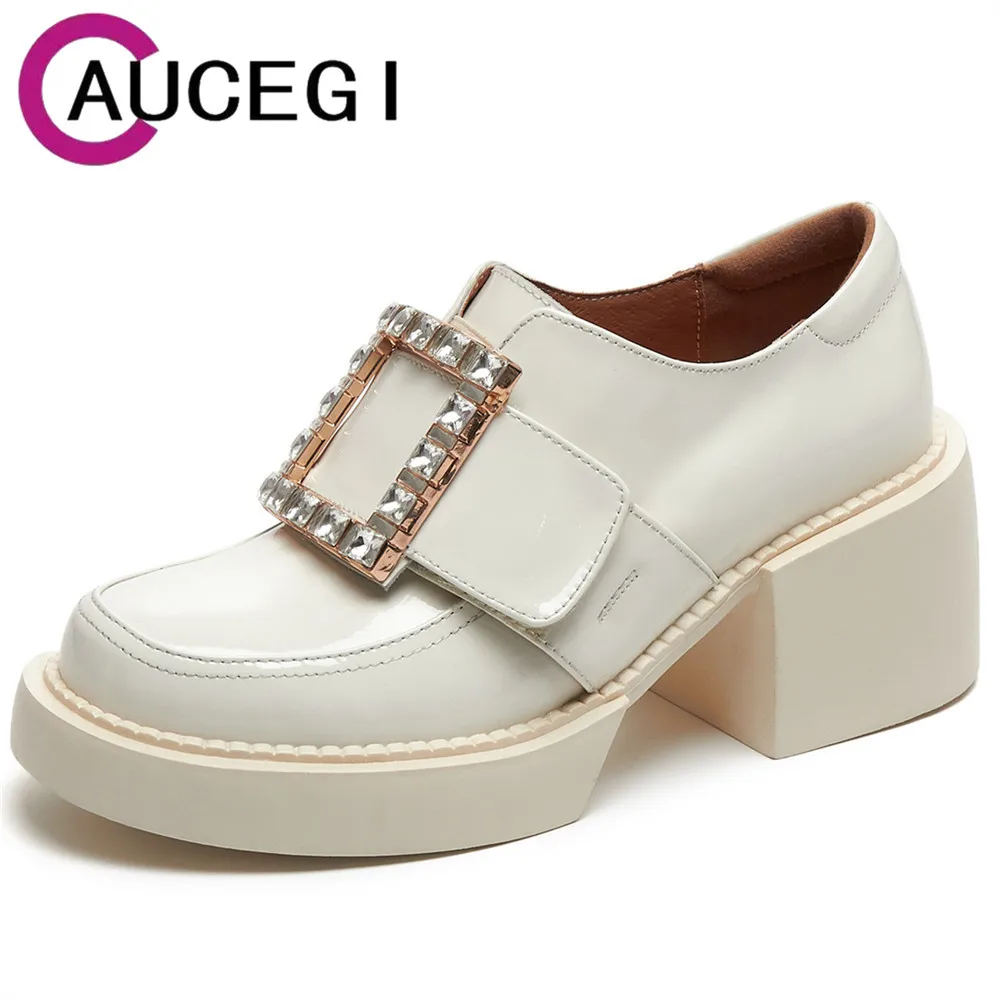 

Aucegi Autumn Spring Vintage Platform Square High Heels Woman Sexy Pumps Genuine Leather Black OL Ladies Party Office Shoes