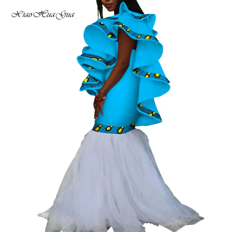 Fashion African Dresses for Women African Print Long Maxi Dress Fashion Ruffles Sleeve Yarn Evening Party Ankara Dress WY7109