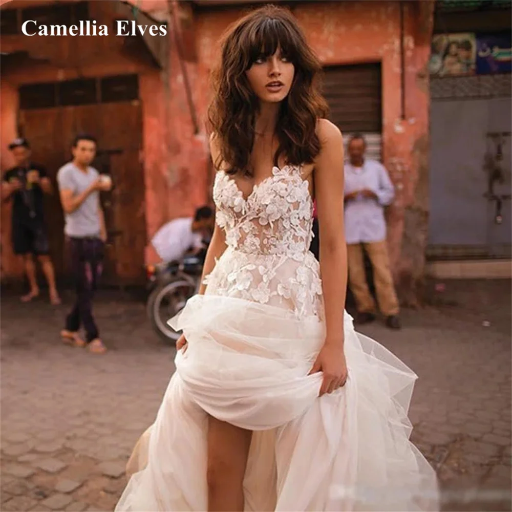 

Bohemia Sexy Spaghetti Straps Wedding Dress 2022 A Line Vestidos De Novia Lace Bridal Gown Elegant Backless Tulle Wedding Gowns