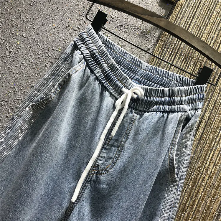

2021 Summer Vintage High Waist Jeans Boyfriends Women's Wide Leg Elastic Ankle-Length Pants Mom Cowboy Washed Denim Trousers A73
