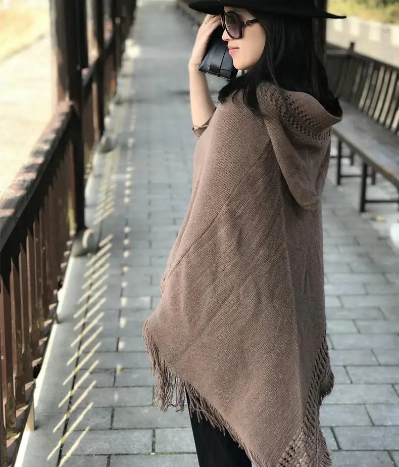 Женский вязаный свитер-пончо с капюшоном однотонная шаль накидка плюшевой