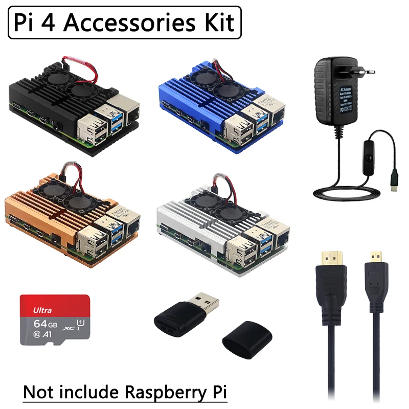 

Raspberry Pi 4 Алюминиевый чехол с двойным вентилятором и адаптером питания