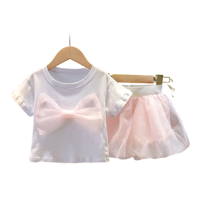 

baby clothes Clothing sets Girls' Bow T-Shirt Cotton + Mighty Half-Skirt Set 2021 Summer Trend 2 Piece Set