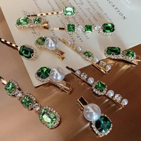 new vintage green elegant rhinestone pearl hairpins women girls hair clips pins barrette accessories hairgrip headdress headwear