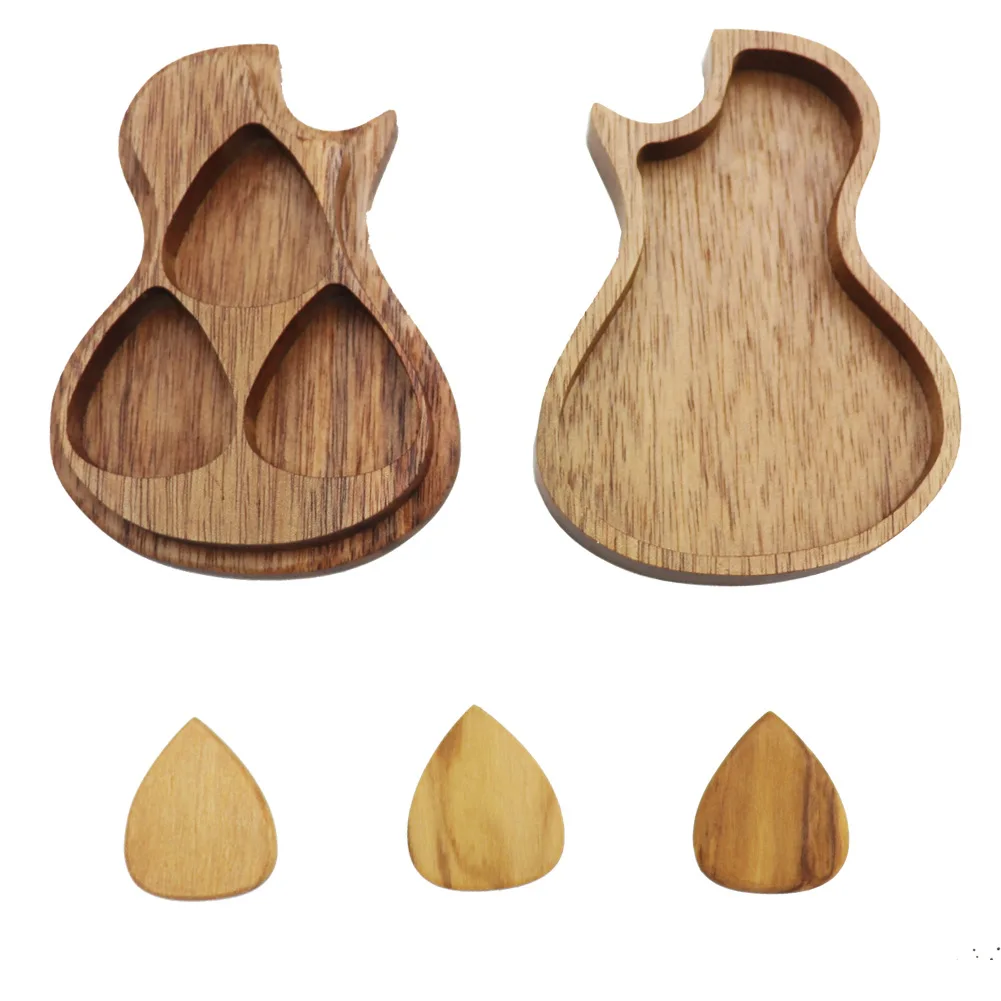 

Wooden Guitar Pick Plectrum Storage Box with 3 Pieces Wood Picks for Picks Hold Case Care Tool Guitarra Picks Gift Guitar Acces