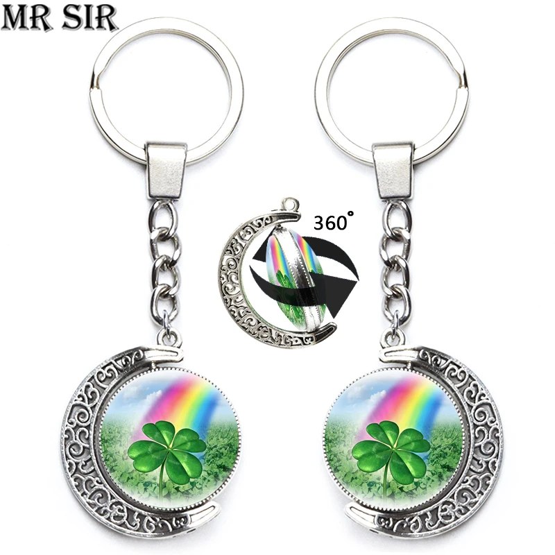 

Lucky Clover Keychain Four Leaf Clover Fashion Moon Key Chains Rotatable Glass Double Sided Pendant Keyring Irish St Patrick Day