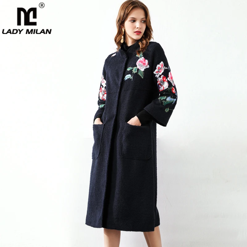 Женское подиумное пальто со стоячим воротником с длинными рукавами цветочной