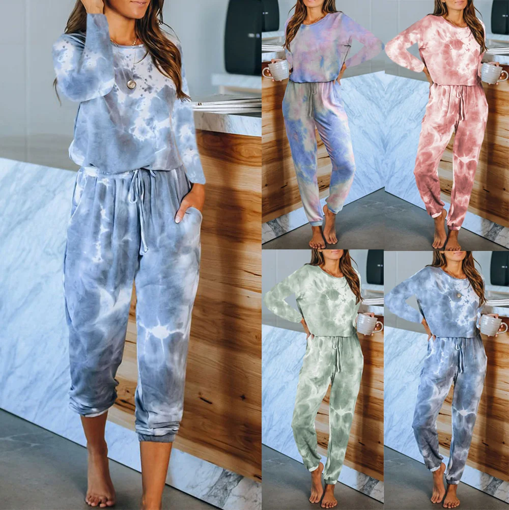 

New Women's Home Wear Long Sleeve Short Sleeve Suit Summer Tie Dye Printed Pajamas