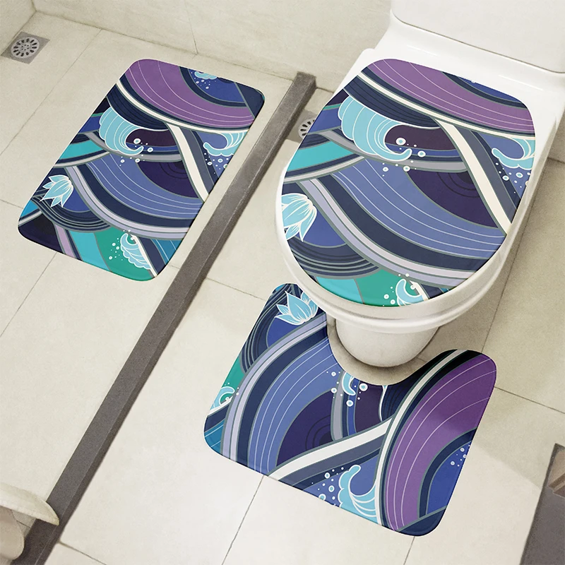 new style toilet cover set 3 piece bathroom non slip mat set shower decoration rug ukiyo e waves carpet flannel toilet cushion free global shipping