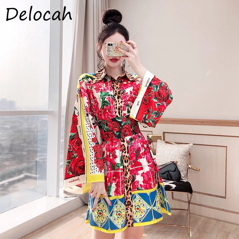 

Delocah New 2021 Summer Women Fashion Designer Party Midi Dress Flare Sleeve Sashes Leopard Floral Printed Loose Ladies Dresses