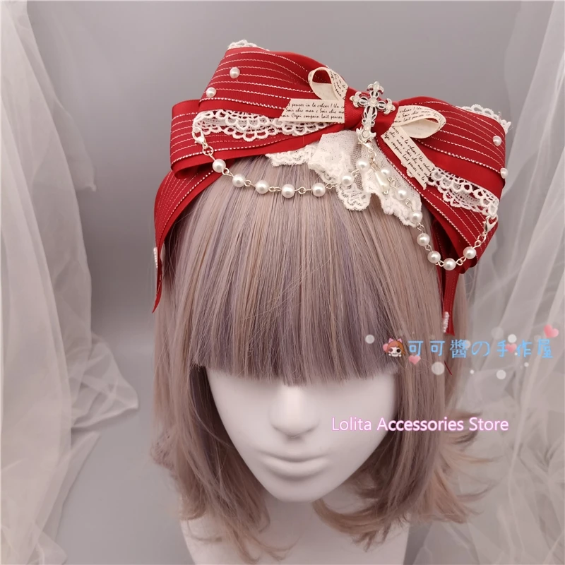 

Retro Lolita Bow KC Headband Headdress Lo Niang Gorgeous Elegant Girl Bead Chain Hairpin With Wine Red Blue Cyan Hair Hoop