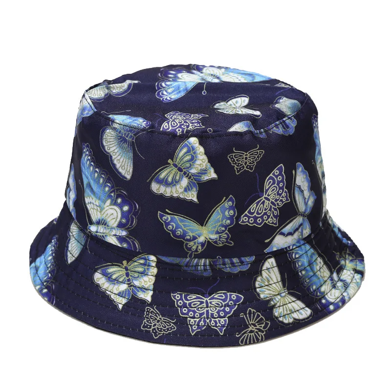 

New Butterfly Pattern Reversible Bucket Hat Summer Outing Sunscreen Fisherman Hat Sun Protection Hat Unisex Women's Panama Cap