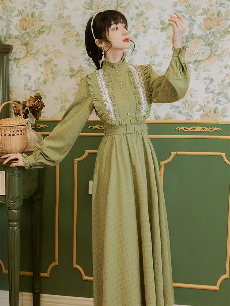 

Женское клетчатое платье в стиле ретро Mori, элегантное Плиссированное кружевное платье с воротником-стойкой и оборками, модное платье с пышными рукавами