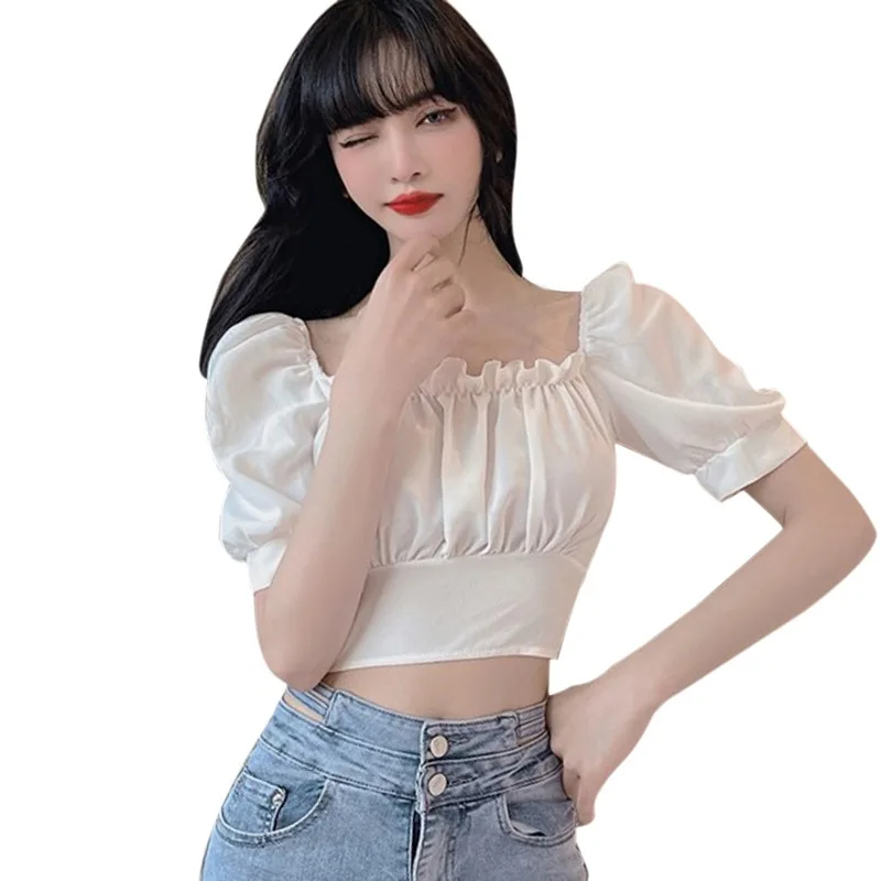 

Womens Solid Slash Neck Blouses Summer Sexy Bandage Navel Exposed Short Sleeve Shirt