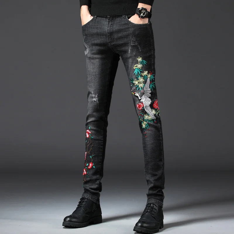 Джинсы с вышивкой, европейские джинсы в итальянском стиле, Брендовые мужские облегающие джинсы, Мужские Стрейчевые узкие брюки-карандаш, дж...