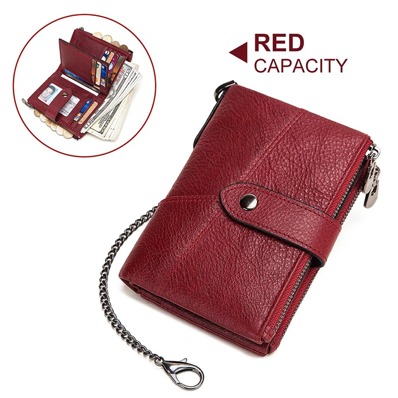 889-red-chain Genuine Leather Women Wallet GZCZ Casual Men Wallet Women Long Wallet In Women`s Wallet and Purses Retro Rfid Women Short Wallet - Цвет: 889-red-chain