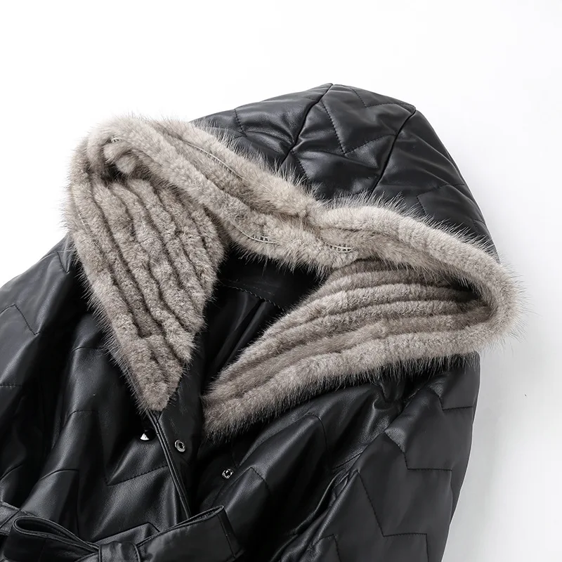 Куртка из натуральной кожи с воротником натурального меха норки пальто овечьей