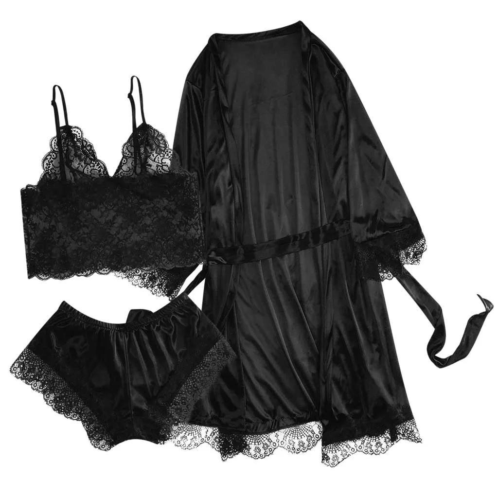 Black Комплект из 3 предметов, Пижама для женщин, пижамные комплекты, сексуальный кружевной бюстгальтер, шорты, банный халат, Ночная одежда, костюмы для сна, атласные пижамы для женщин, пижама Mujer - Цвет: Black