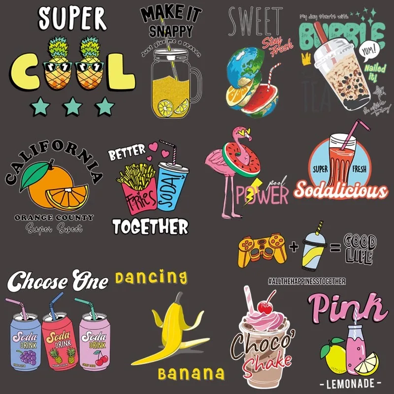 

Cartoon fruit food drink bottle heat transfer sticker DIY decoration children's clothes washable ironing pattern on T-shirt