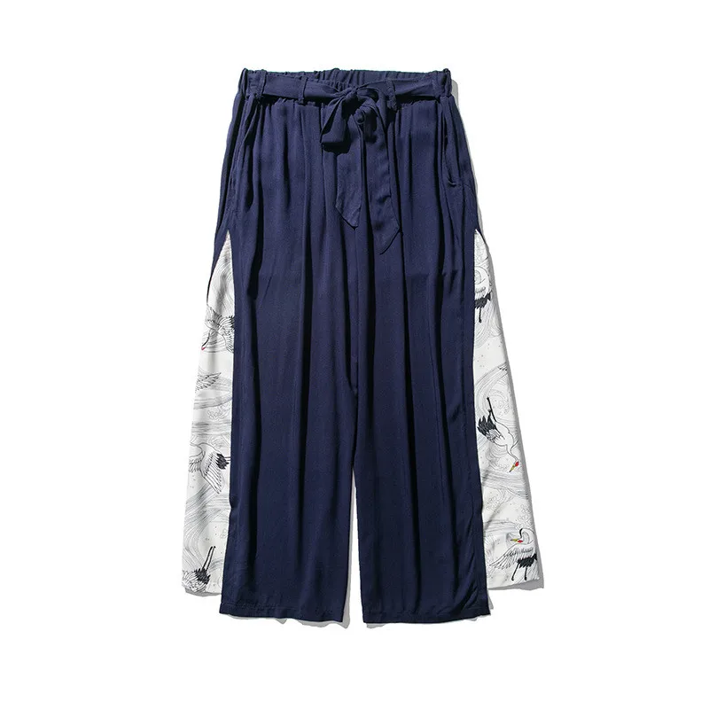 

Harajuku Streetwear Men Pants Casual Loose Japanese Traditional Wide Leg Cotton Crane Print Man Casual Trousers Ukiyoe Plus Size
