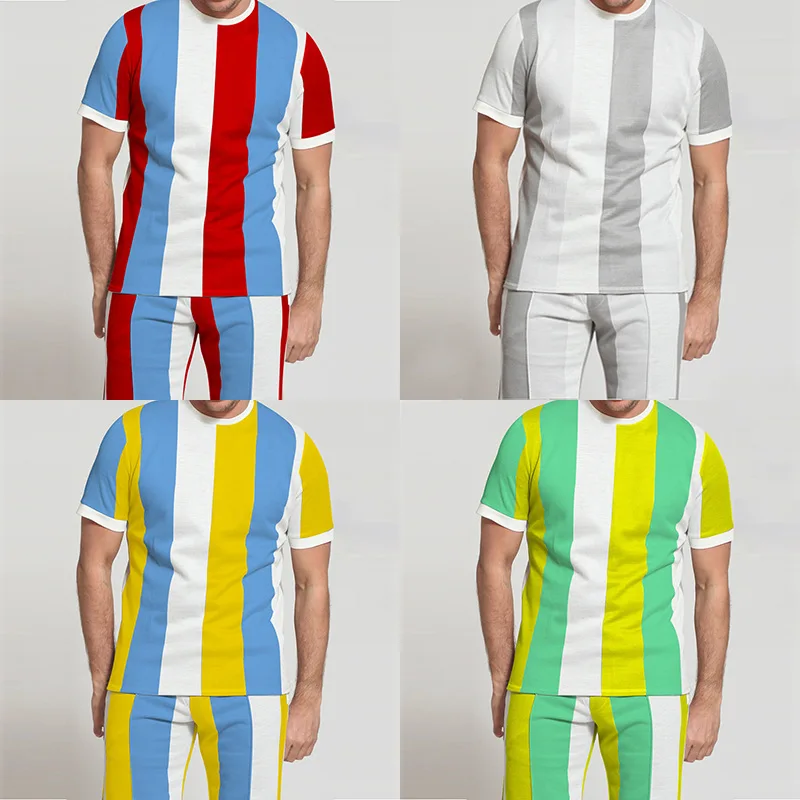 

Summer New Casual Sports Suit Men's Round Neck Short-Sleeved T-Shirt Fashion Men Must-Have Quick-Drying Striped Two-Piece Suit