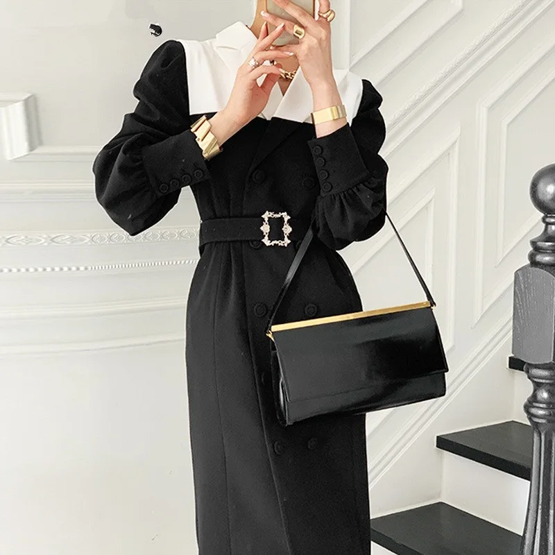 

Женское платье с отложным воротником, Осеннее офисное однобортное платье с поясом и приталенной талией, 2021