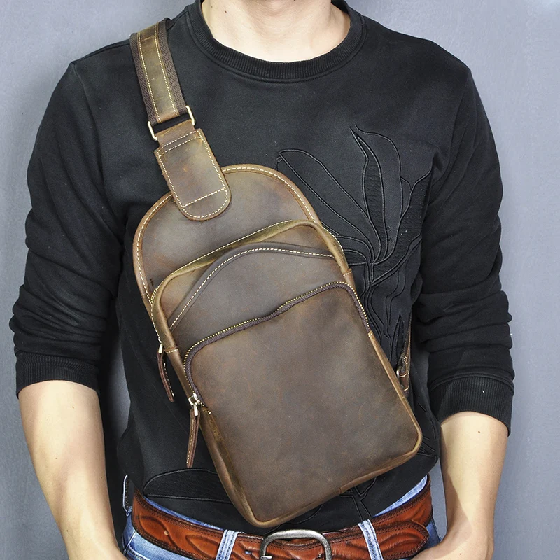 New Crazy horse Leather men Casual Fashion Travel Daypack Chest Sling Bag Design One Shoulder Strap Crossbody Male 9977-d | Багаж и сумки