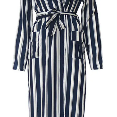 

Vogue Nice Autumn And Winter New Brand Ladies Elegant Casual Long Dress women's Striped long-sleeved V-neck Dress Fashion Wild
