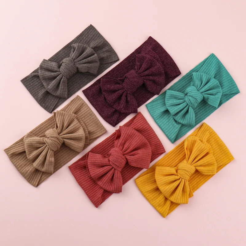 

New Elastic Turban Hairband Knitted Striped Fabric Solid Color Baby Girls Head Wrap Children Hair Accessories Knot Bow Headband