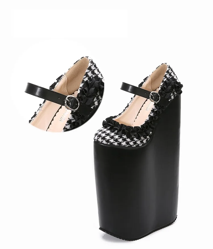 SDTRFT; sapato feminino; Туфли-лодочки на ультравысокой танкетке 30 см для студенток; женская обувь на платформе с круглым носком и пряжкой; обувь в стиле Лолиты для костюмированной вечеринки в стиле ретро - Цвет: Черный