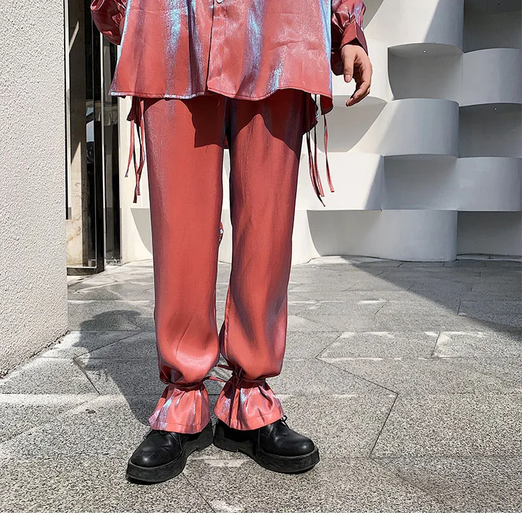 9053 red pant Мужская блестящая свободная Мужская рубашка в стиле кэжуал с длинным рукавом, Женская винтажная модная уличная рубашка в стиле хип-хоп, одежда для любителей сцены - Цвет: 9053 red pant