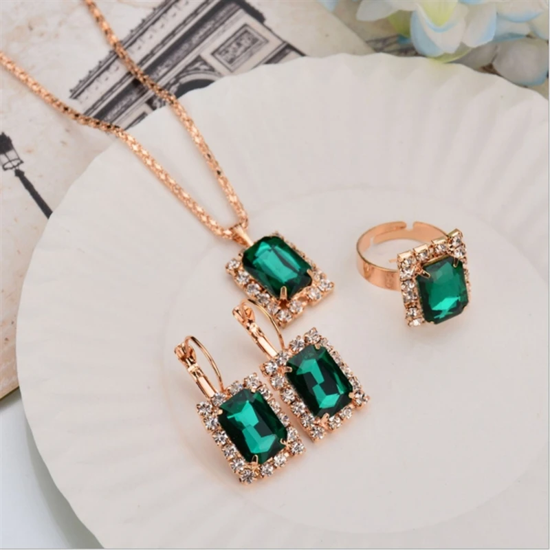 

3pcs/set Fashion Gold Color Jewelry Sets For Women Red Blue Green Crystal Pendant Necklace Drop Earrings Ring Party Jewelry